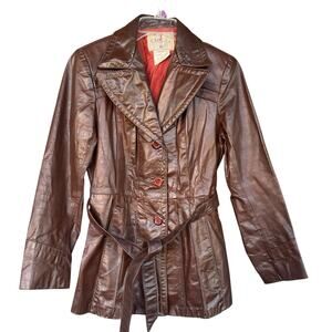 Vintage Wilsons Women Leather Jacket Size 12 Brown Button Up Waist Tie 80s Retro